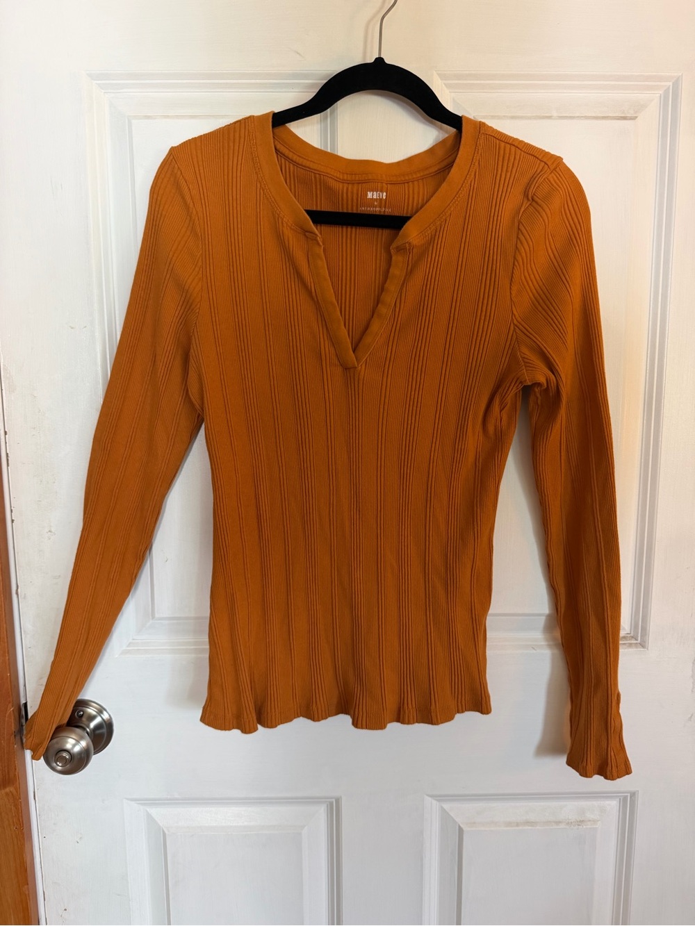 Anthropologie Ribbed V-Neck Long Sleeve Top in Rust Orange by Maeve